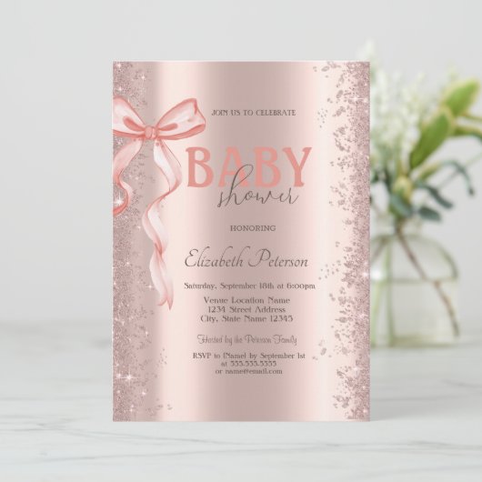 Rose Gold Glitzer Confetti Pink Bow Baby Dusche Einladung (Stehend Vorderseite)