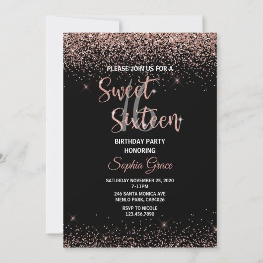 Rose Gold Glitzer Confetti Schwarz Sweet 16 Geburt Einladung (Vorderseite)