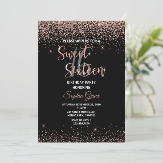 Rose Gold Glitzer Confetti Schwarz Sweet 16 Geburt Einladung (Stehend Vorderseite)