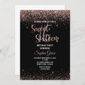 Rose Gold Glitzer Confetti Schwarz Sweet 16 Geburt Einladung (Vorne/Hinten)