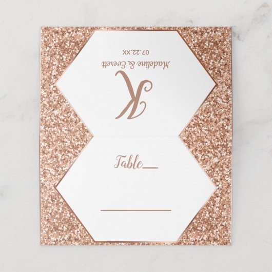 Rose Gold Glitzer Confetti Sitzplatz Tischnummer Platzkarte (Außenseite Aufgefaltet)