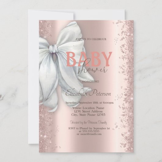 Rose Gold Glitzer Confetti White Bow Baby Dusche Einladung (Vorderseite)