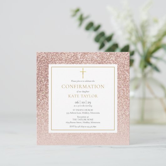 Rose Gold Glitzer Confirmation Square Einladung (Stehend Vorderseite)