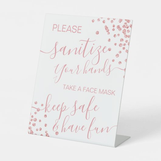 Rose Gold Glitzer Covid Safety Sanitize & Mask Sockelschild (Vorderseite)