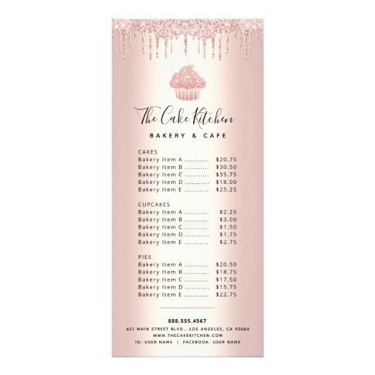 Rose Gold Glitzer Cupcake Bäckerei Koch Menü (Vorne)