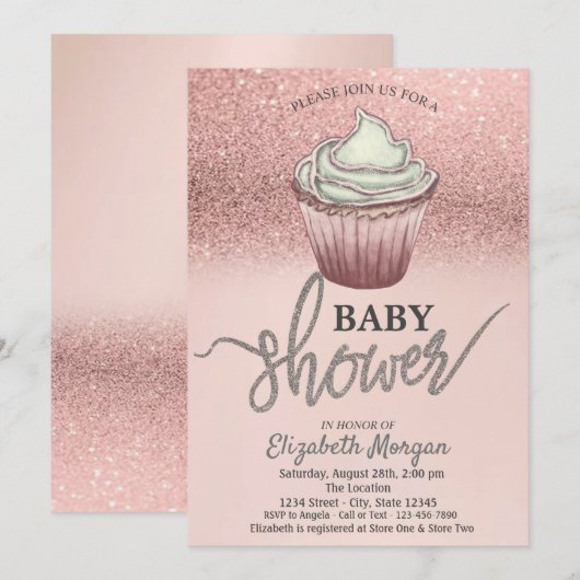 Rose Gold Glitzer Cupcake Einladung (Vorne/Hinten)
