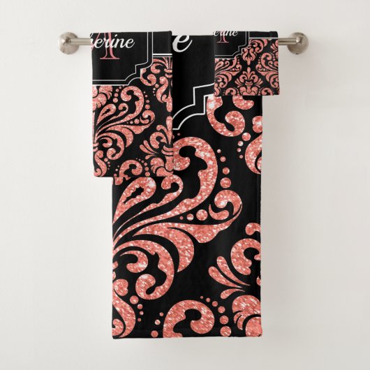 Rose Gold Glitzer Damask Badhandtuch Set (Insitu)