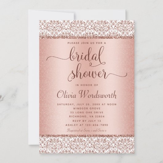Rose Gold Glitzer Damask Brautparty Einladung (Vorderseite)