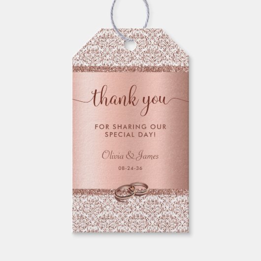 Rose Gold Glitzer Damask Hochzeit Vielen Dank Geschenkanhänger (Vorderseite)
