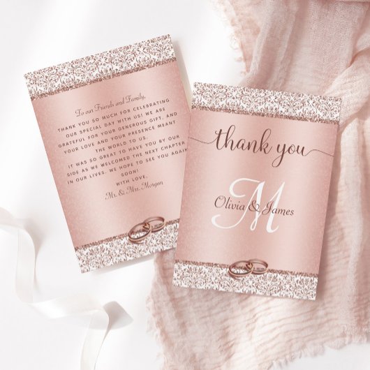 Rose Gold Glitzer Damask Metallic Wedding Dankeskarte