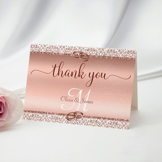 Rose Gold Glitzer Damask Metallic Wedding Dankeskarte