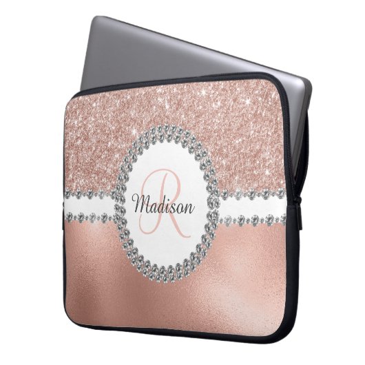 Rose Gold Glitzer Diamond Glam Monogram Laptopschutzhülle (Vorderseite Links)