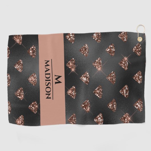 Rose Gold Glitzer Diamonds auf Black Monogram Golfhandtuch (Horizontal)