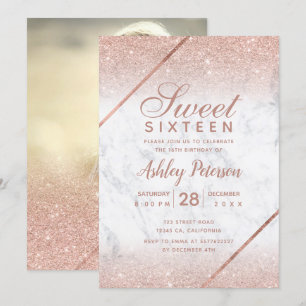 Rose Gold Glitzer Drehbuch Foto Marmor Sweet 16 Einladung