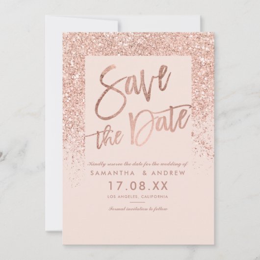 Rose Gold Glitzer Drehbuch rot Rosa Save the Date (Vorderseite)