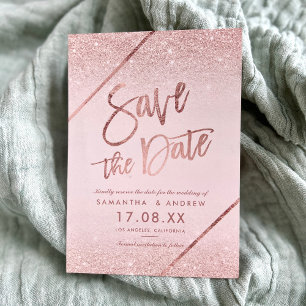 Rose Gold Glitzer Drehbuch rot Rosa Save the Date Ankündigungspostkarte