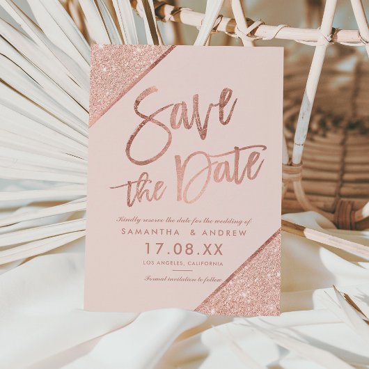 Rose Gold Glitzer Drehbuch rot Rosa Save the Date Ankündigungspostkarte