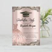 Rose Gold Glitzer Dress Black Grad Cap Abschluss Einladung (Stehend Vorderseite)