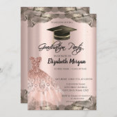Rose Gold Glitzer Dress Black Grad Cap Abschluss Einladung (Vorne/Hinten)
