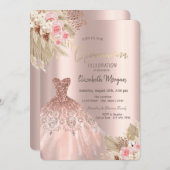 Rose Gold Glitzer Dress Blume Quinceañera Einladung (Vorne/Hinten)