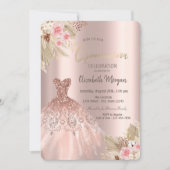 Rose Gold Glitzer Dress Blume Quinceañera Einladung (Vorderseite)