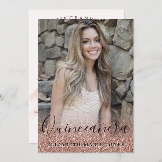 Rose Gold Glitzer Dress Foto QUINCEAÑERA Geburtsta Einladung (Vorne/Hinten)