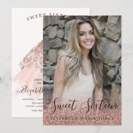 Rose Gold Glitzer Dress Foto Sweet 16 Geburtstag Einladung