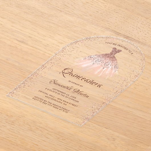 Rose Gold Glitzer Dress Quinceñera Party Acryleinladungen (Ablage )