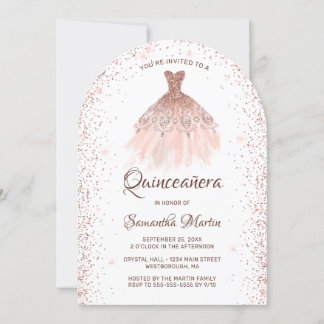 Rose Gold Glitzer Dress Quinceñera Party Einladung