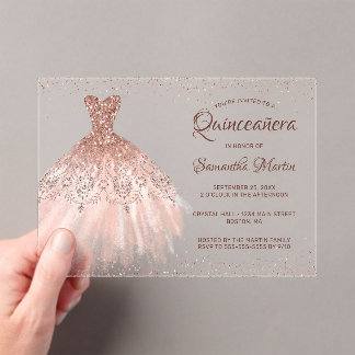 Rose Gold Glitzer Dress Script Quinceañera Party Acryleinladungen