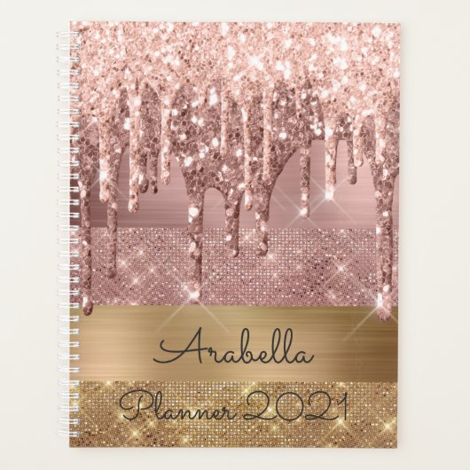 Rose Gold Glitzer Driving Gold Stripes Monogramm Planer (Vorderseite)