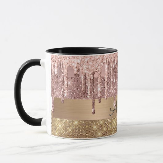 Rose Gold Glitzer Driving Gold Stripes Monogramm Tasse (Links)