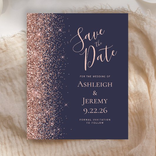Rose Gold Glitzer Dunkelblau Save the Date