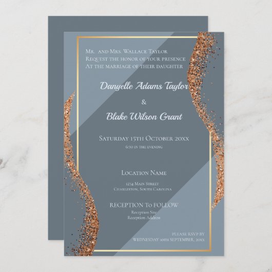 Rose Gold Glitzer Dusty Blues Einladung Hochzeit (Vorne/Hinten)