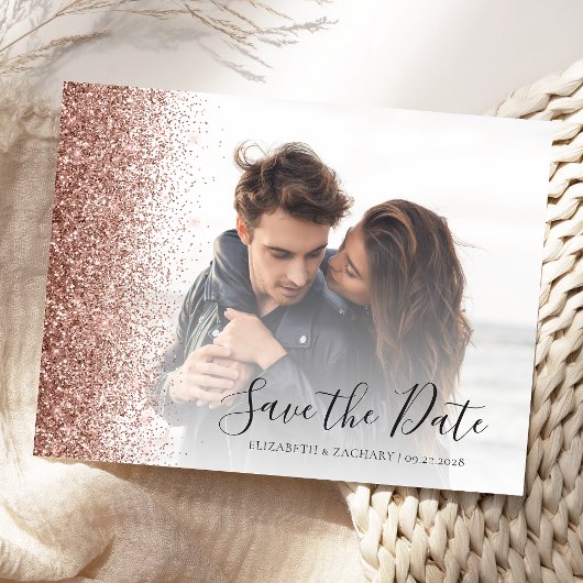 Rose Gold Glitzer Edge Foto Save the Date Postkarte