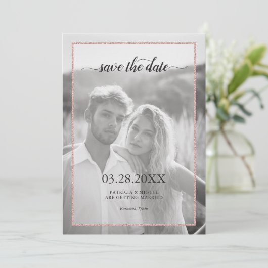 Rose Gold Glitzer Effekt Chic Script Foto Hochzeit Save The Date (Stehend Vorderseite)