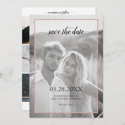Rose Gold Glitzer Effekt Chic Script Foto Hochzeit Save The Date (Vorne/Hinten)