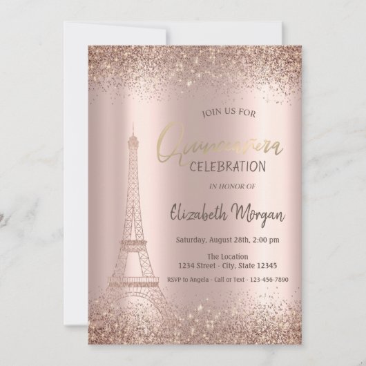 Rose Gold Glitzer Eiffel Confetti Quinceañera Einladung (Vorderseite)
