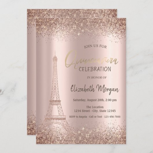 Rose Gold Glitzer Eiffel Confetti Quinceañera Einladung (Vorne/Hinten)