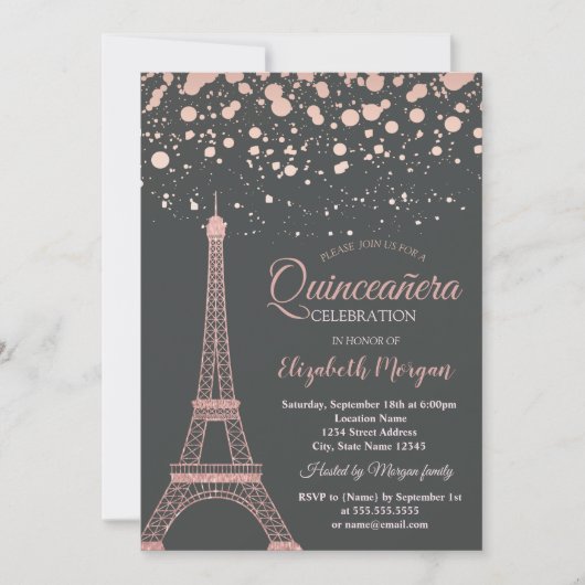 Rose Gold Glitzer Eiffelturm, Dots Quinceañera Einladung (Vorderseite)
