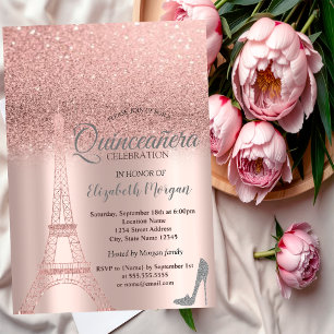 Rose Gold Glitzer Eiffelturm, Heelse Quinceañera Einladung