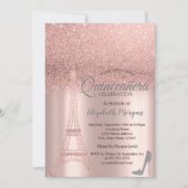 Rose Gold Glitzer Eiffelturm, Heelse Quinceañera Einladung (Vorderseite)