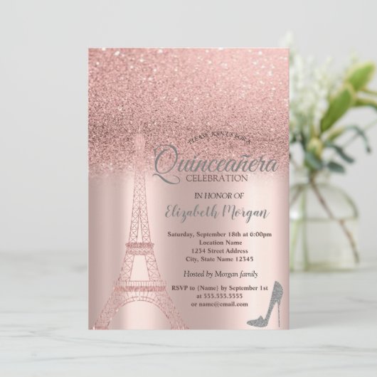 Rose Gold Glitzer Eiffelturm, Heelse Quinceañera Einladung (Stehend Vorderseite)
