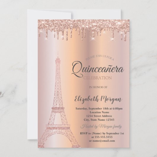 Rose Gold Glitzer Eiffelturm, Tropfen Quinceañera Einladung (Vorderseite)