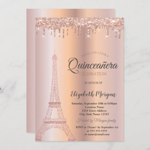 Rose Gold Glitzer Eiffelturm, Tropfen Quinceañera Einladung