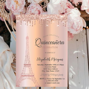 Rose Gold Glitzer Eiffelturm, Tropfen Quinceañera Einladung