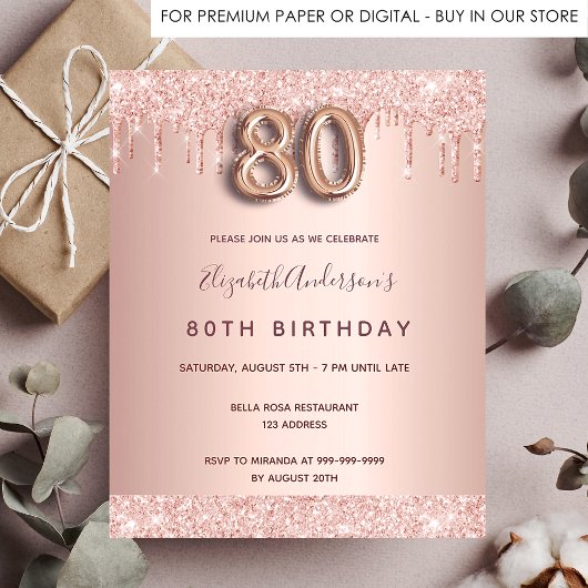 Rose Gold Glitzer Einladung zum 80. Geburtstag Flyer