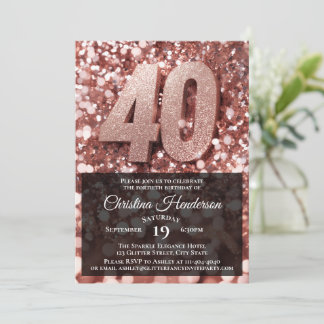Rose Gold Glitzer Elegant 40. Geburtstag Party Einladung