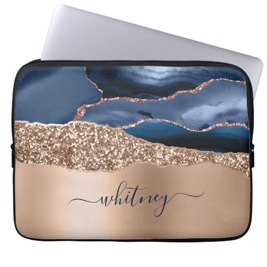 Rose Gold Glitzer Elegante Mit Monogramm Navy Blue Laptopschutzhülle (Vorderseite)