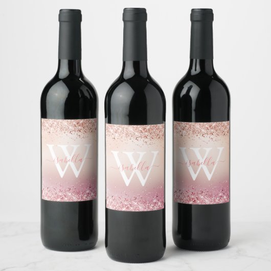Rose Gold Glitzer Elegantes Monogramm Weinetikett (Flaschen)